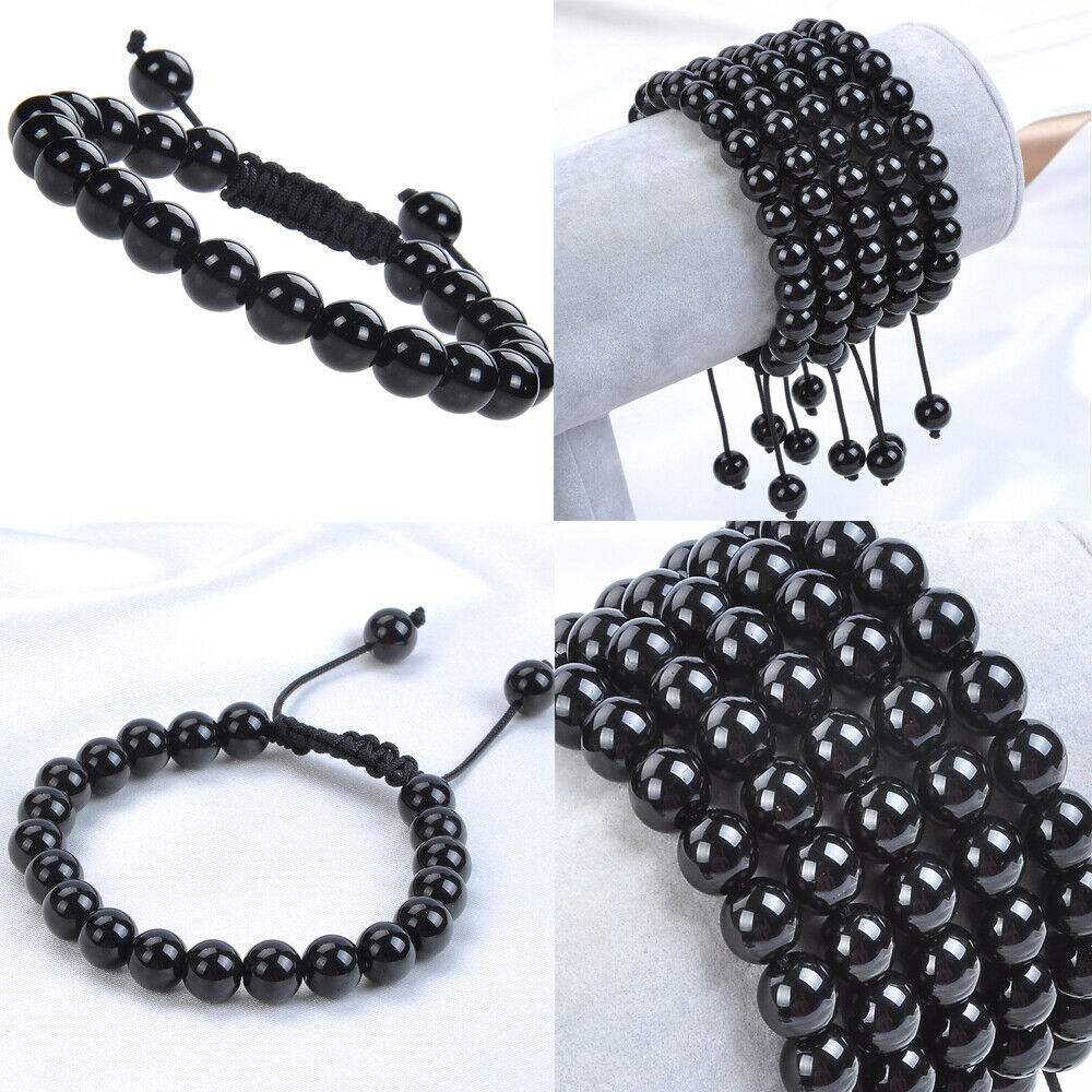 Unisex Adjustable Macrame Hand Braided Black Agate Stone Beads Bracelet 8mm
