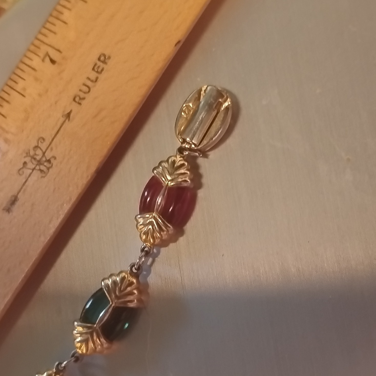 Swarovsi Gold Tone Cable Chain Bracelet Red Green and Purple Oval Glass Beads