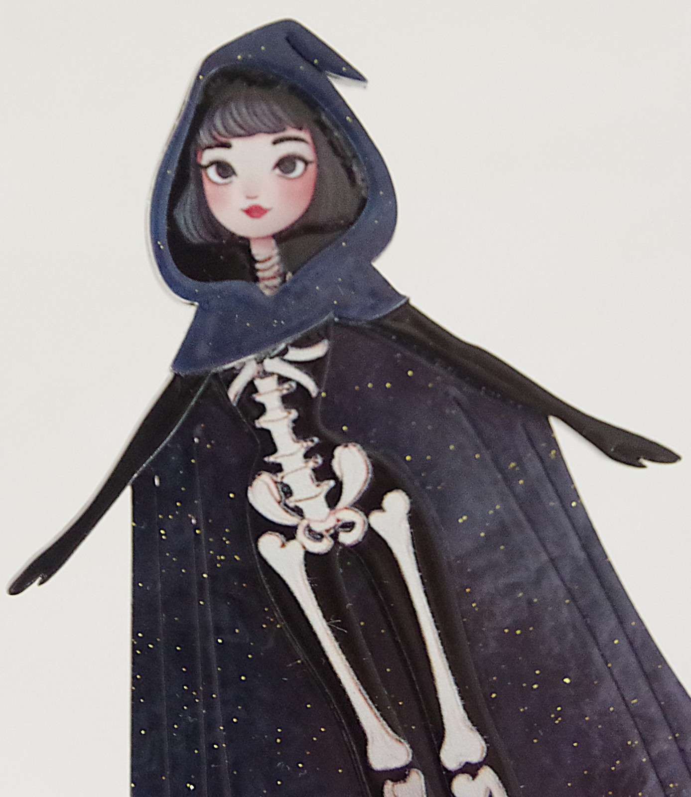 3.75″ NEW SKELETON ZOMBIE GOTH GIRL IN CAPE HALLOWEEN LAYERED ACRYLIC BROOCH PIN