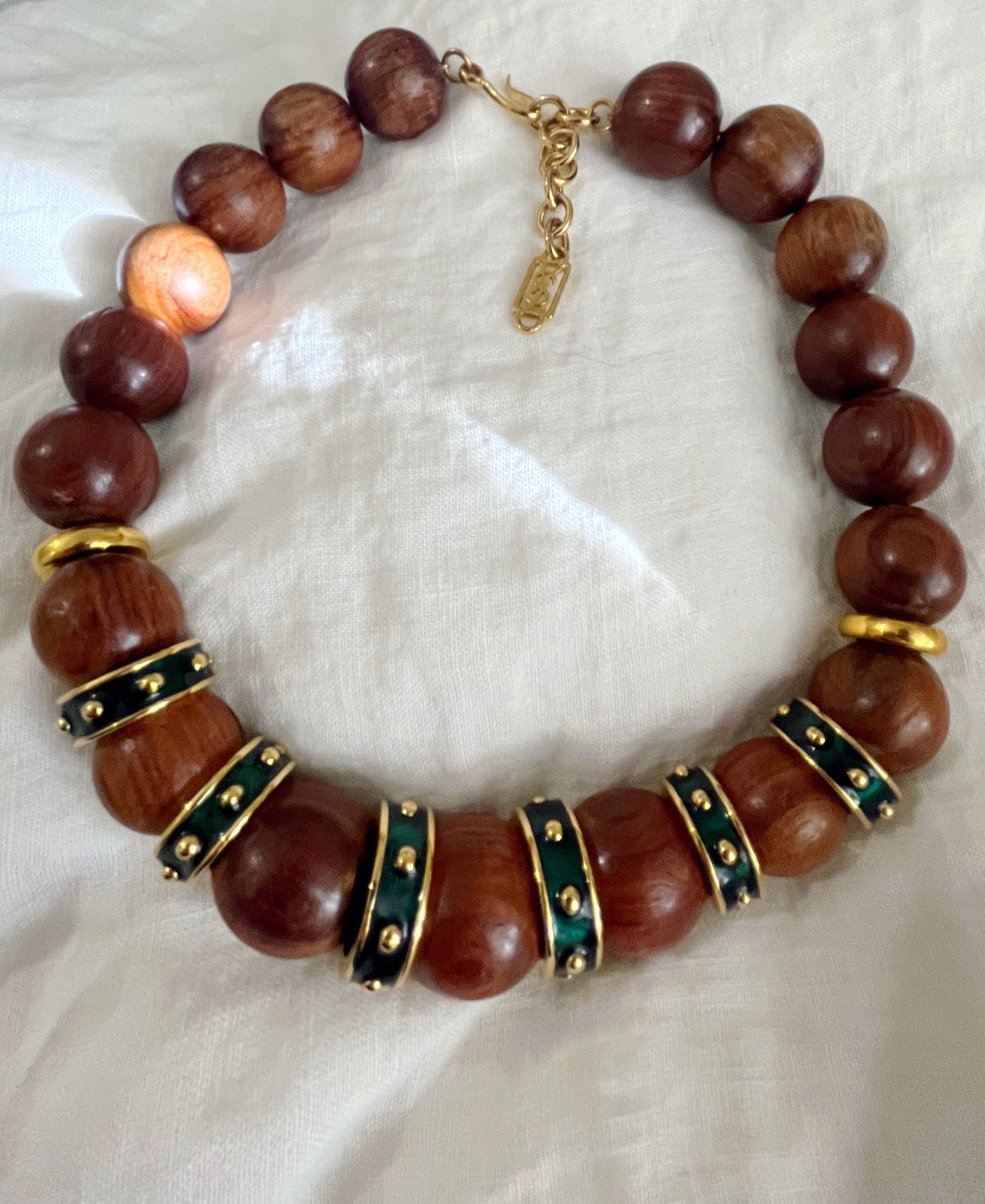 Rare Vintage Yves Saint Laurent YSL Wood Beaded Necklace Green Enamel Gold