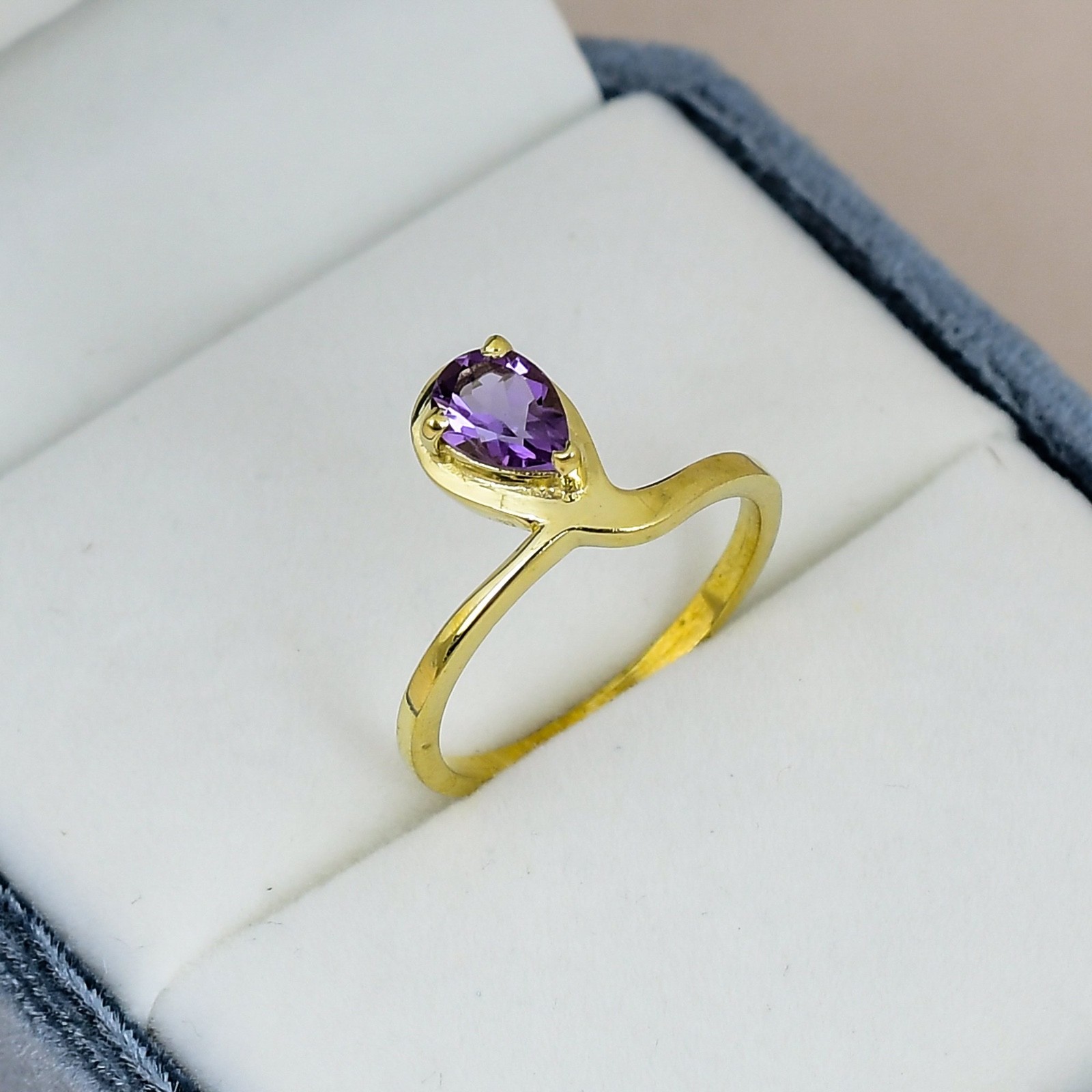 Amethyst Ring 18K Gold Plated 5x7mm Pear Gemstone Minimalist Solitaire Ring