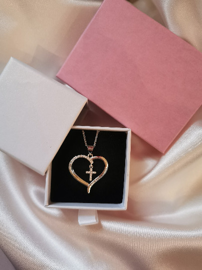 Holy Communion Diamante Heart & Cross Necklace, SALE