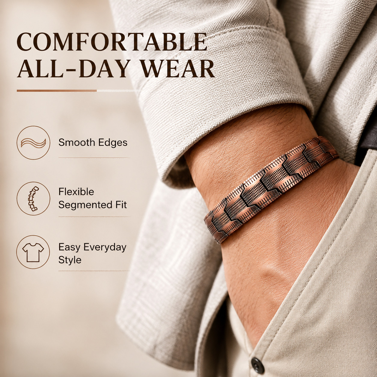 Elegant Copper-Tone Magnetic Bracelet for Men Adjustable Pain Relief Arthritis