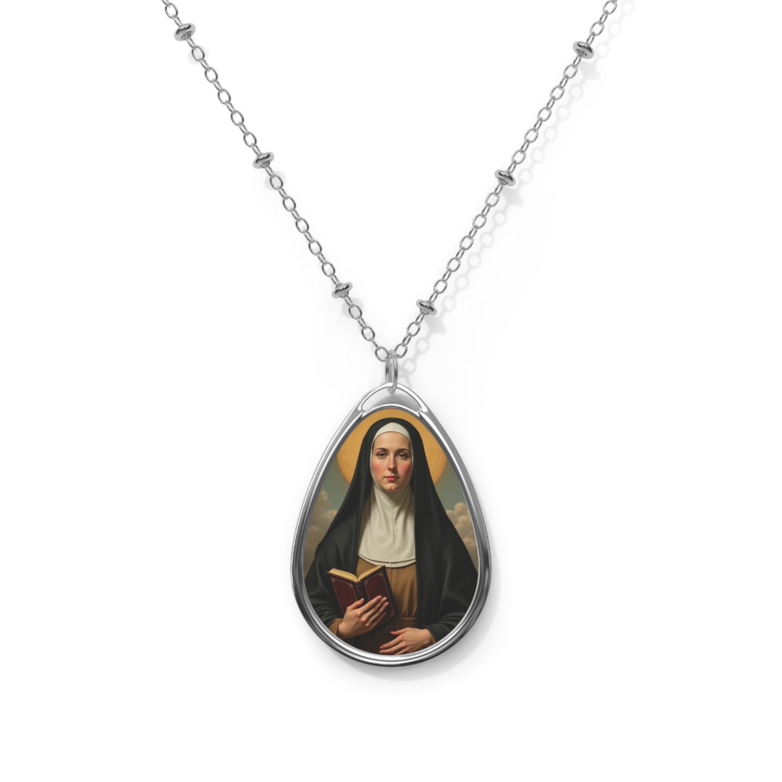 Saint Gertrude The Great, Oval Pendant Necklace, Christian Gift