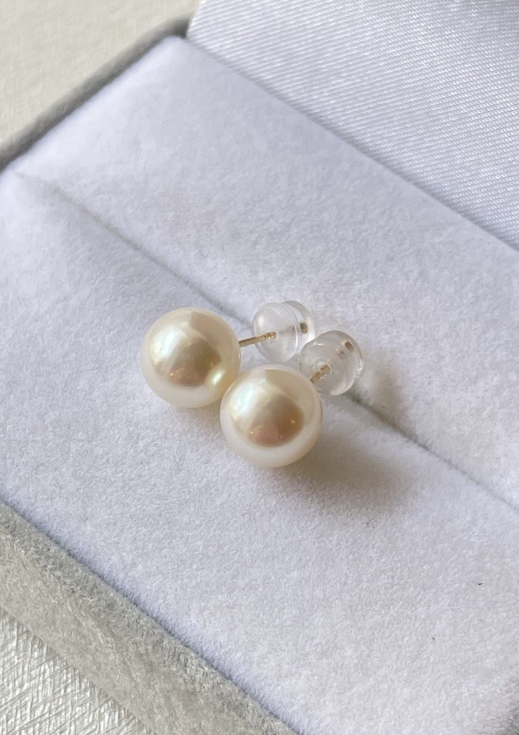 Japanese Akoya Pearl Stud Earrings 9mm Untreated Natural Color K14 Solid Gold