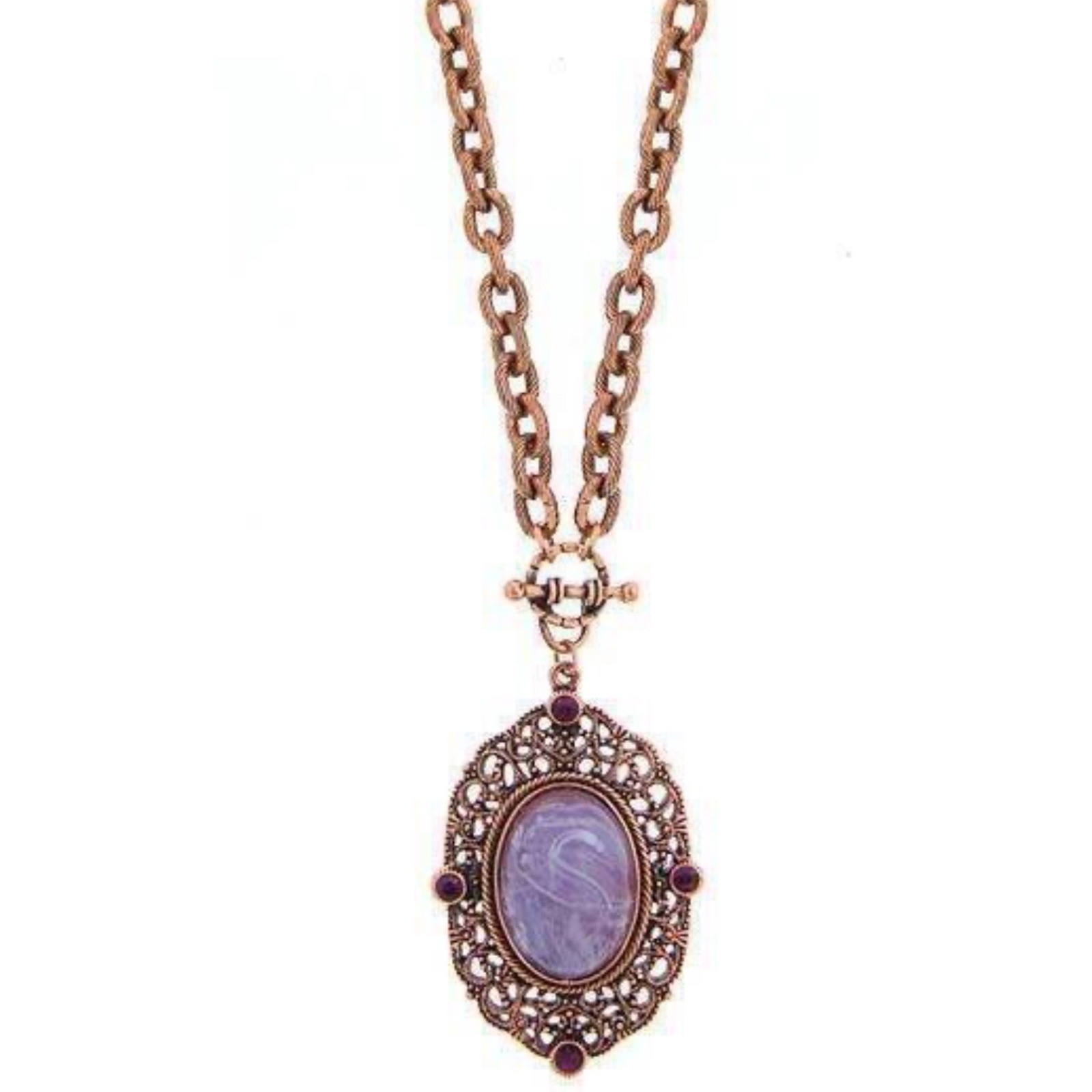 Amethyst Glass Quartz & Amethyst Crystal Filigree Pendant Necklace 30″