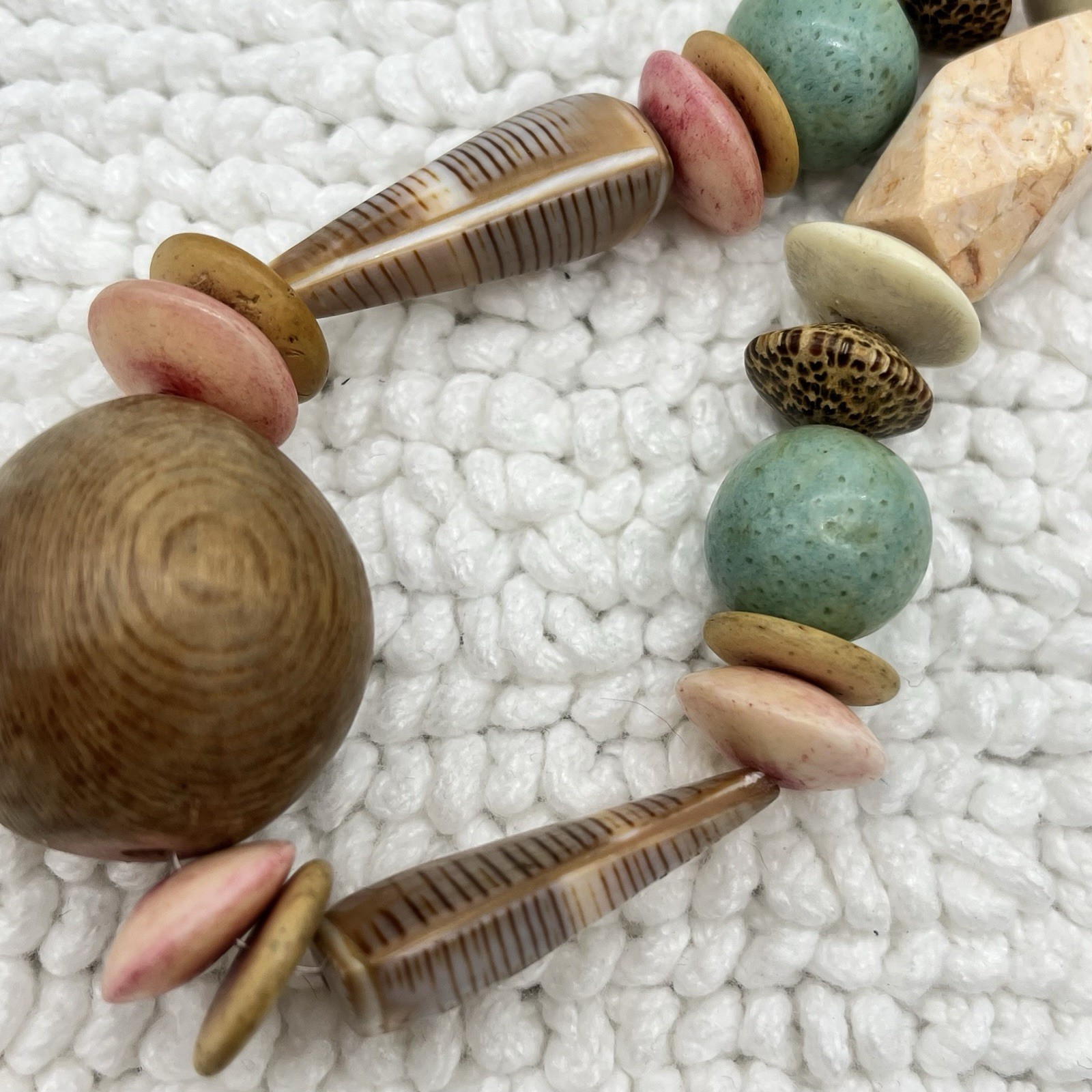 Chunky Mixed Bead Necklace Wood Tagua Ceramic Shell Pastel Earth Tone Boho 22″