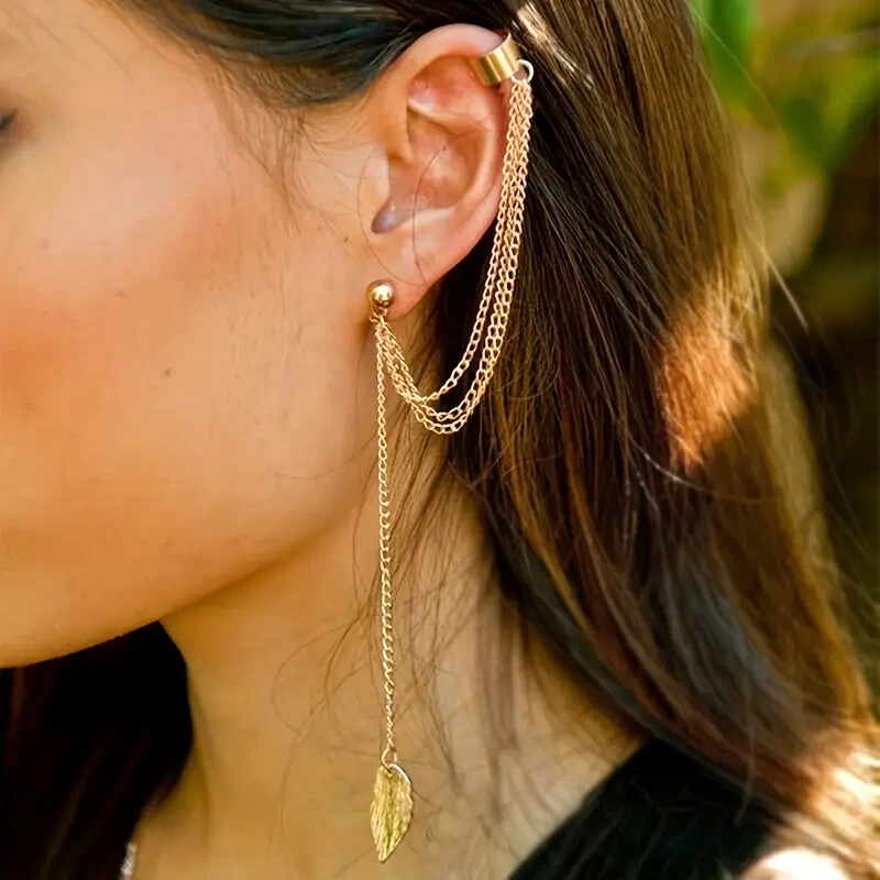 Unique Stylish Long Leaf Tassel Bajoran Earrings Long Chain Tassel Metal Fashion