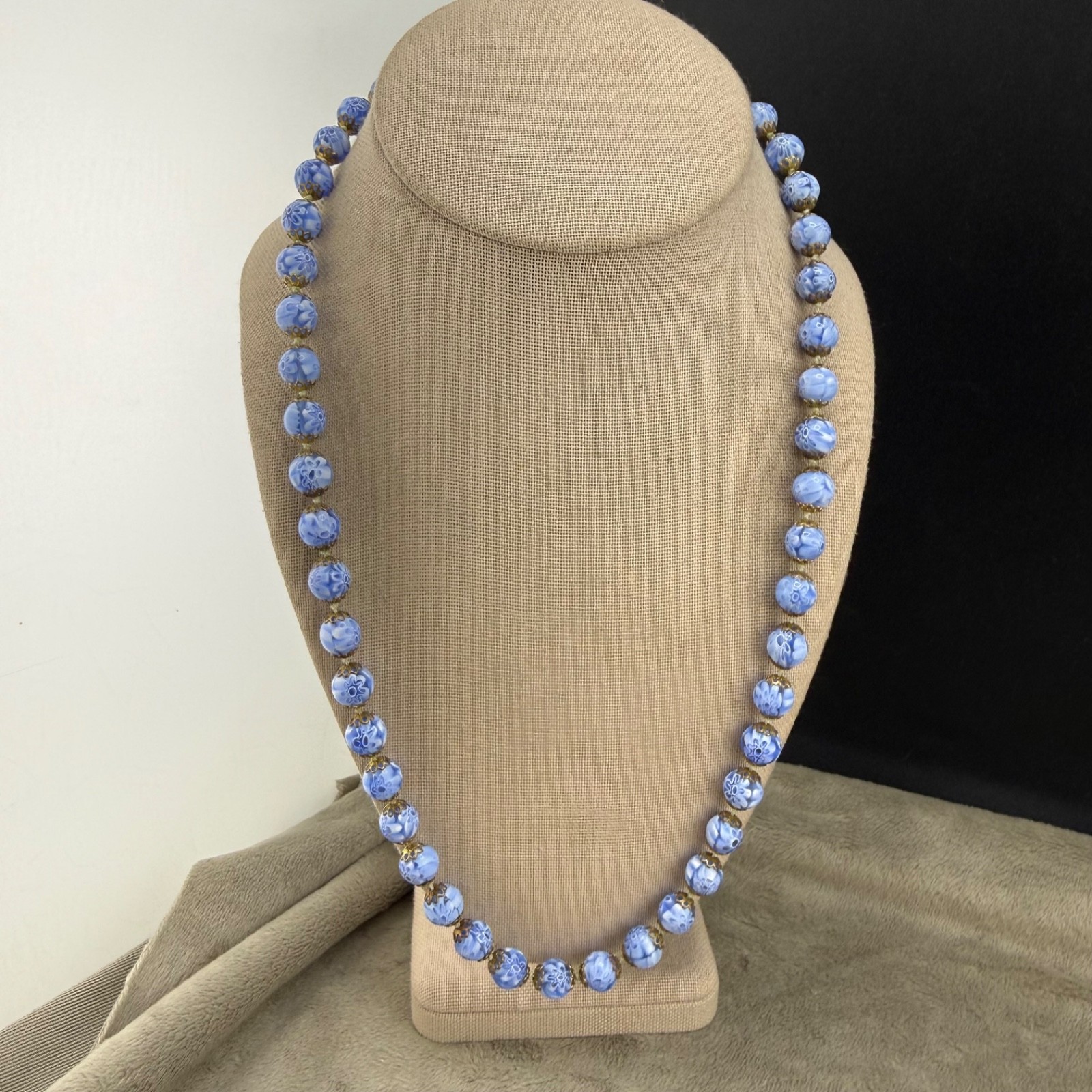 Vintage Millefiori Glass Beaded Necklace Flowers Blue Venetian 24”