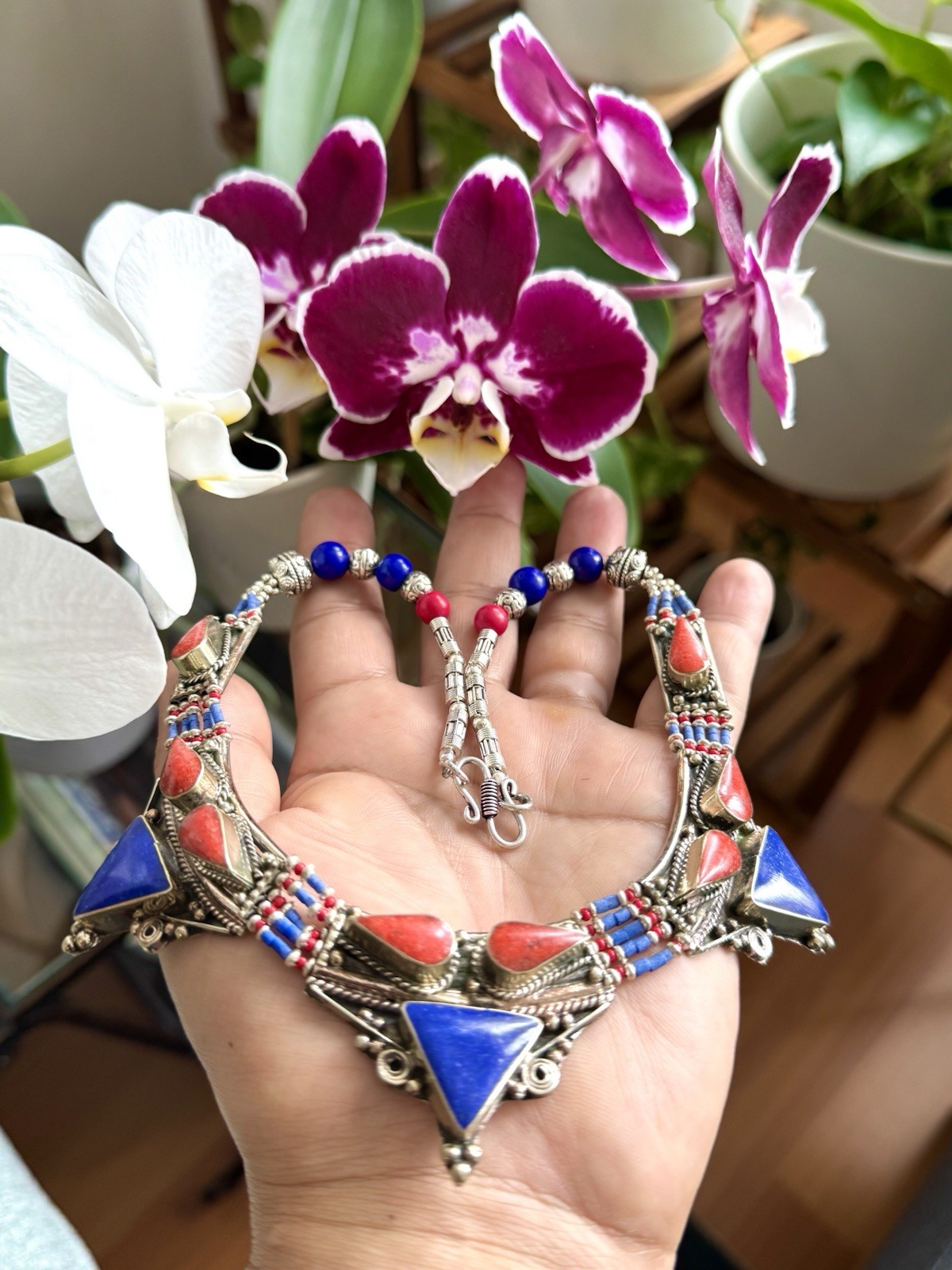 Vintage Ethnic Tribal Pyramid Design Handmade Silver Necklace Inlay Stones 116gr