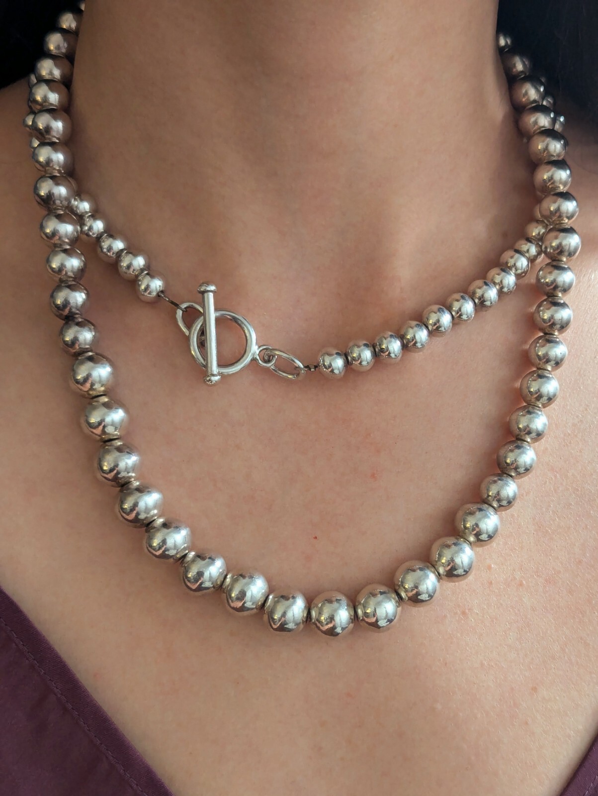 Vintage Sterling Silver 12mm Ball Bead Chain Necklace 92cm Long Layer Stack T&O