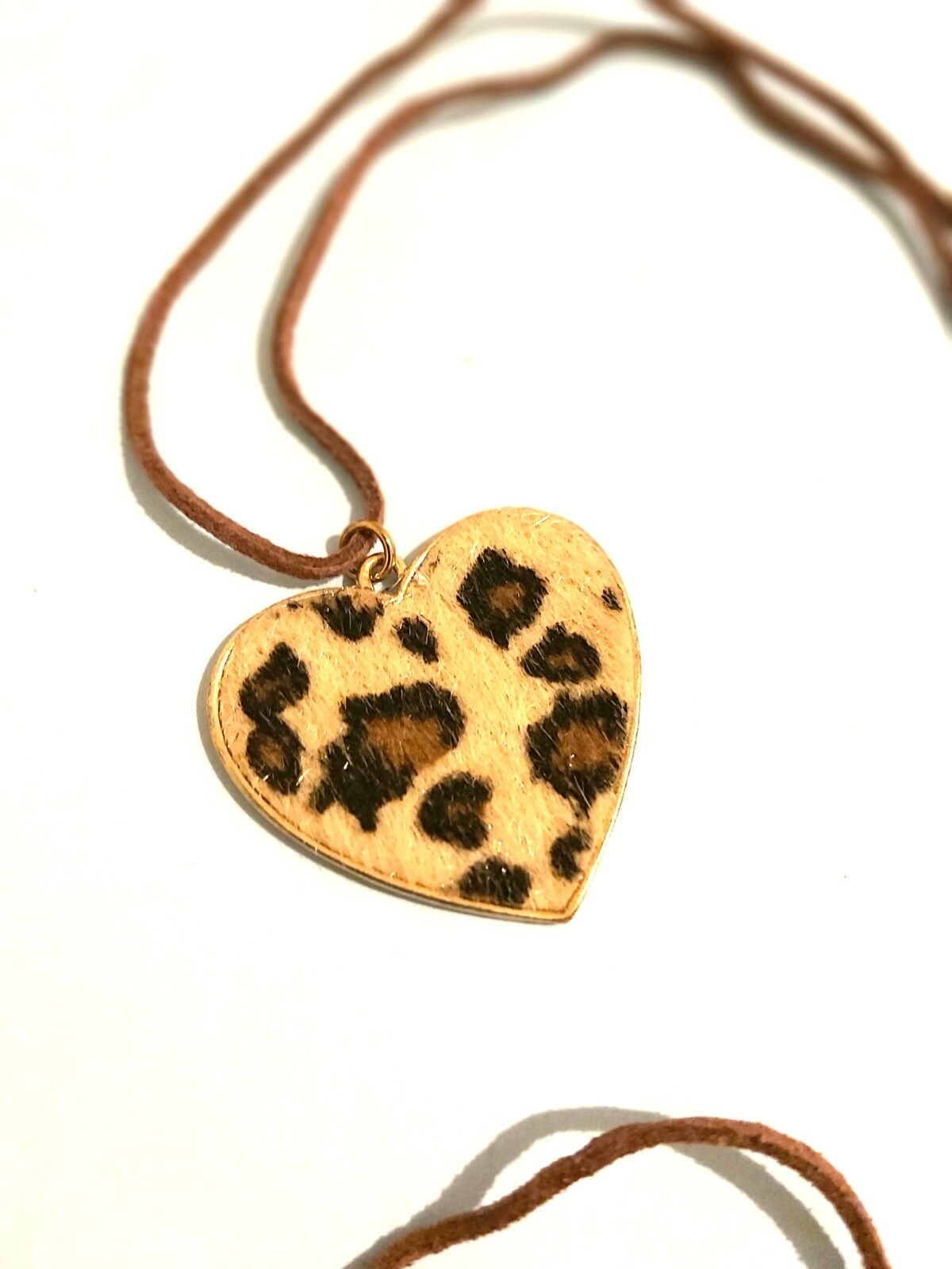 COOL Gold Tone Heart Shaped Faux Leopard Print Fabric Pendant on Leather Chord
