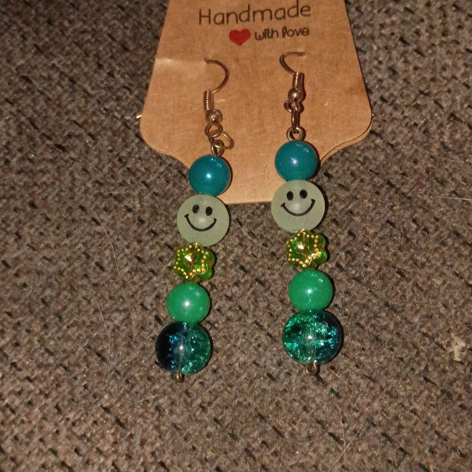 Handmade Dangly Earrings With :-) Beads And Flour Beads