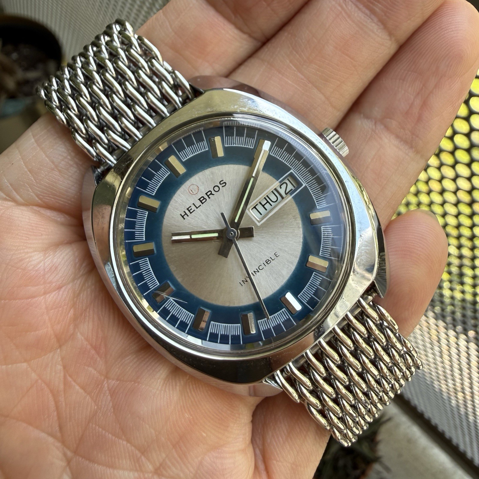 Vintage Helbros Invincible Day Date Stainless Steel Silver Blue Dial Men’s Watch