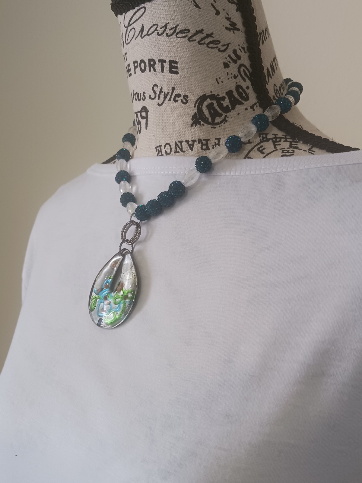 Artesian Collection Art Glass Pendant Necklace Blue Green Foil Beaded Boho