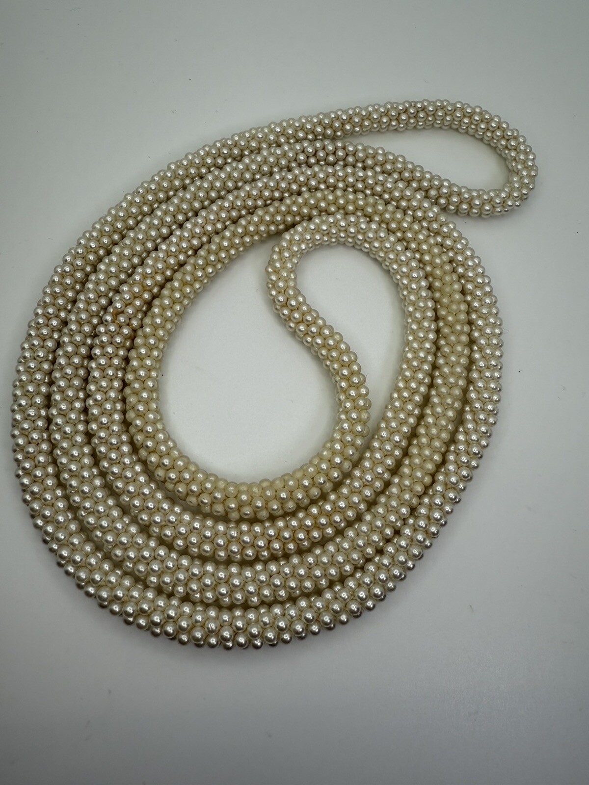 Vintage White/Cream Pearl Seed Bead Woven Twist Rope Necklace 44 inches