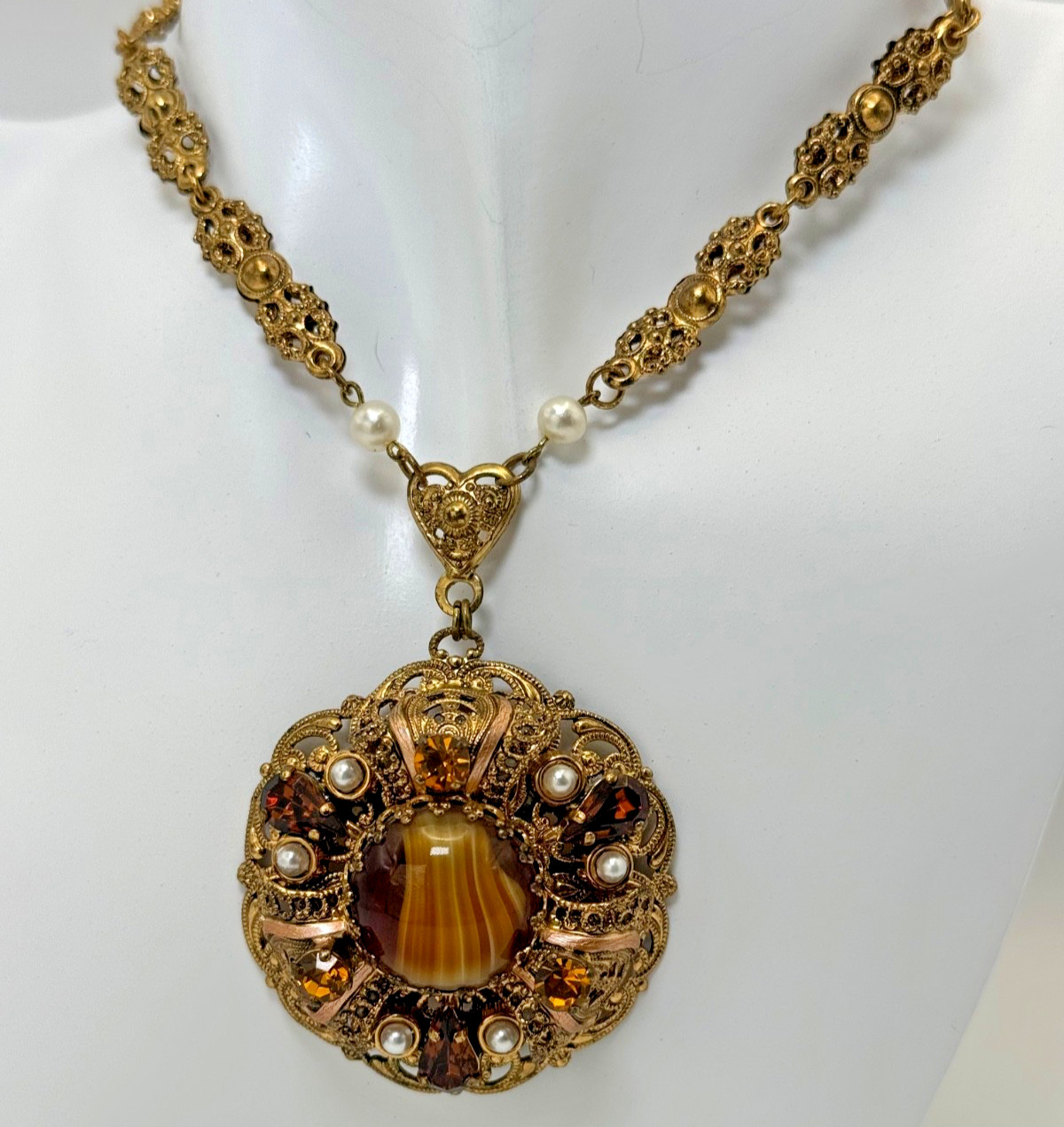 Vintage West Germany Amber Art Glass Faux Pearl Filigree Pendant Necklace 25”