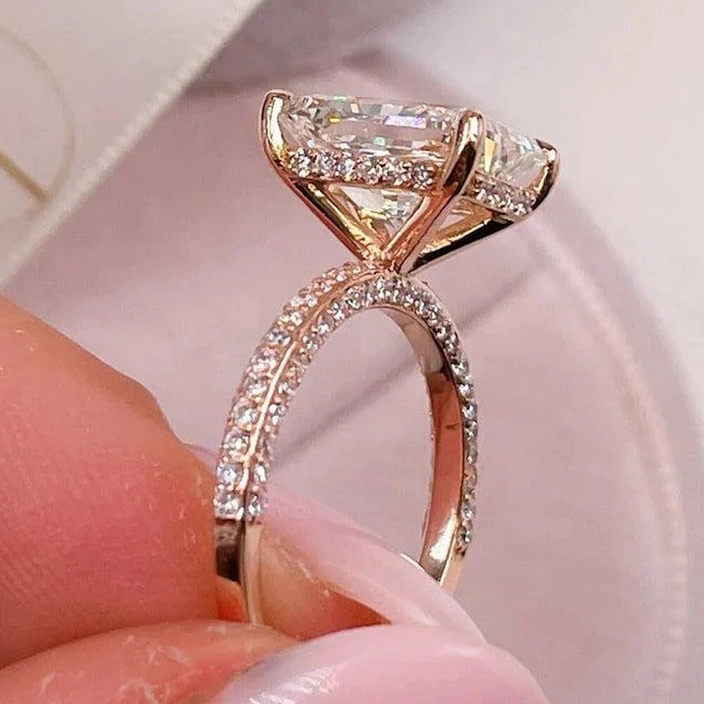 5.59 TCW Emerald Moissanite Hidden Halo Engagement Ring 14K Yellow Gold Plated
