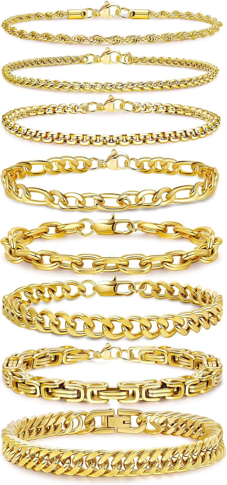 8Pcs Stainless Steel Bracelets for Men Women Sturdy Cuban Link Bracelet Curb Rop