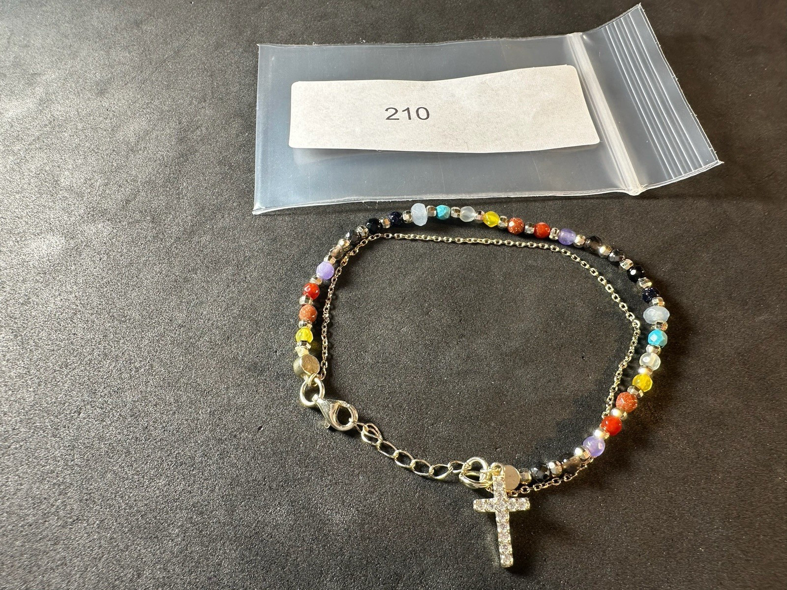 3.75 Vintage Sterling Silver Multi Gemstone Beaded Bracelet Cross Charm 7.3 in