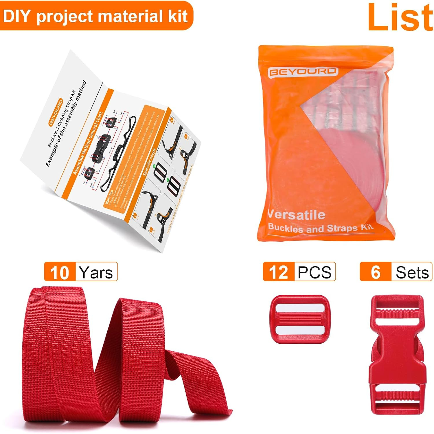 BEYOURD Buckle and Strap Set, 10 Yards Polyester Webbing Strap with 6 Pack Dual