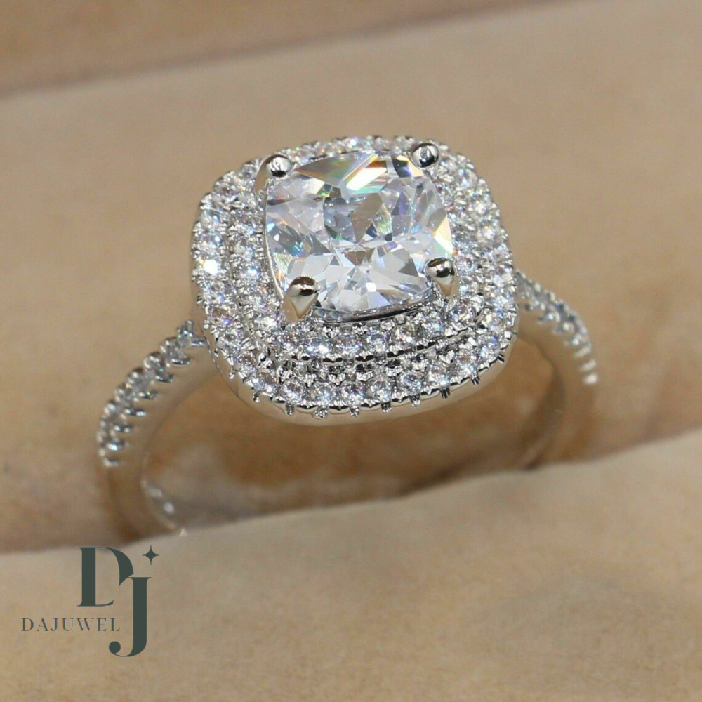 2.50 CT Cushion Cut Moissanite Double Halo Engagement Ring Solid 14K White Gold