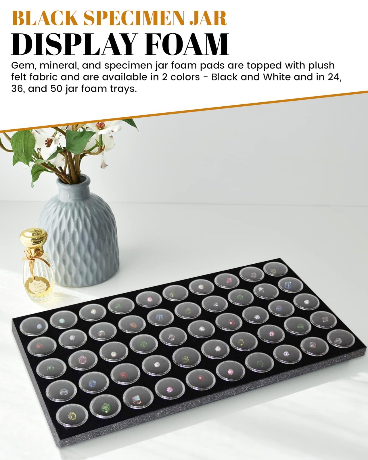 New 50 Black Foam Gem Jars Gemstone Jewelry Storage Display Tray Insert