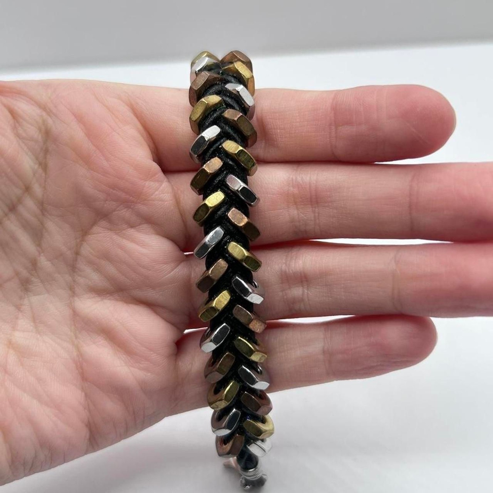 Mixed Metal Industrial Nut Bolt Bracelet Silver Gold Copper Tone 6”