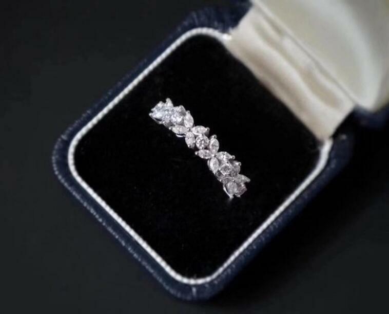 Pave Cubic Zirconia Silver SP Flower Lucky Clover Promise Band Ring RS78