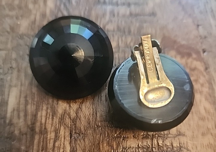 Vintage Germany Jet Black Faceted Button Style Round Clip On Earrings