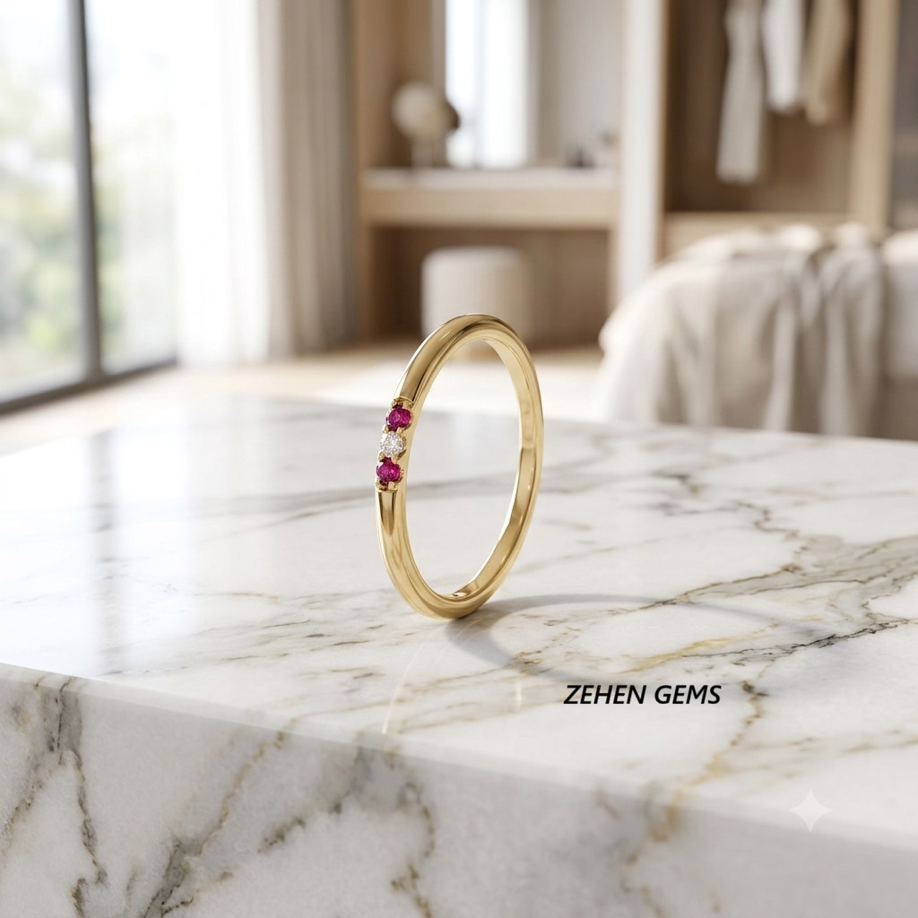 Lab created 925 Sterling Silver Gold Plated Ruby & White Zircon Three Stone Ring