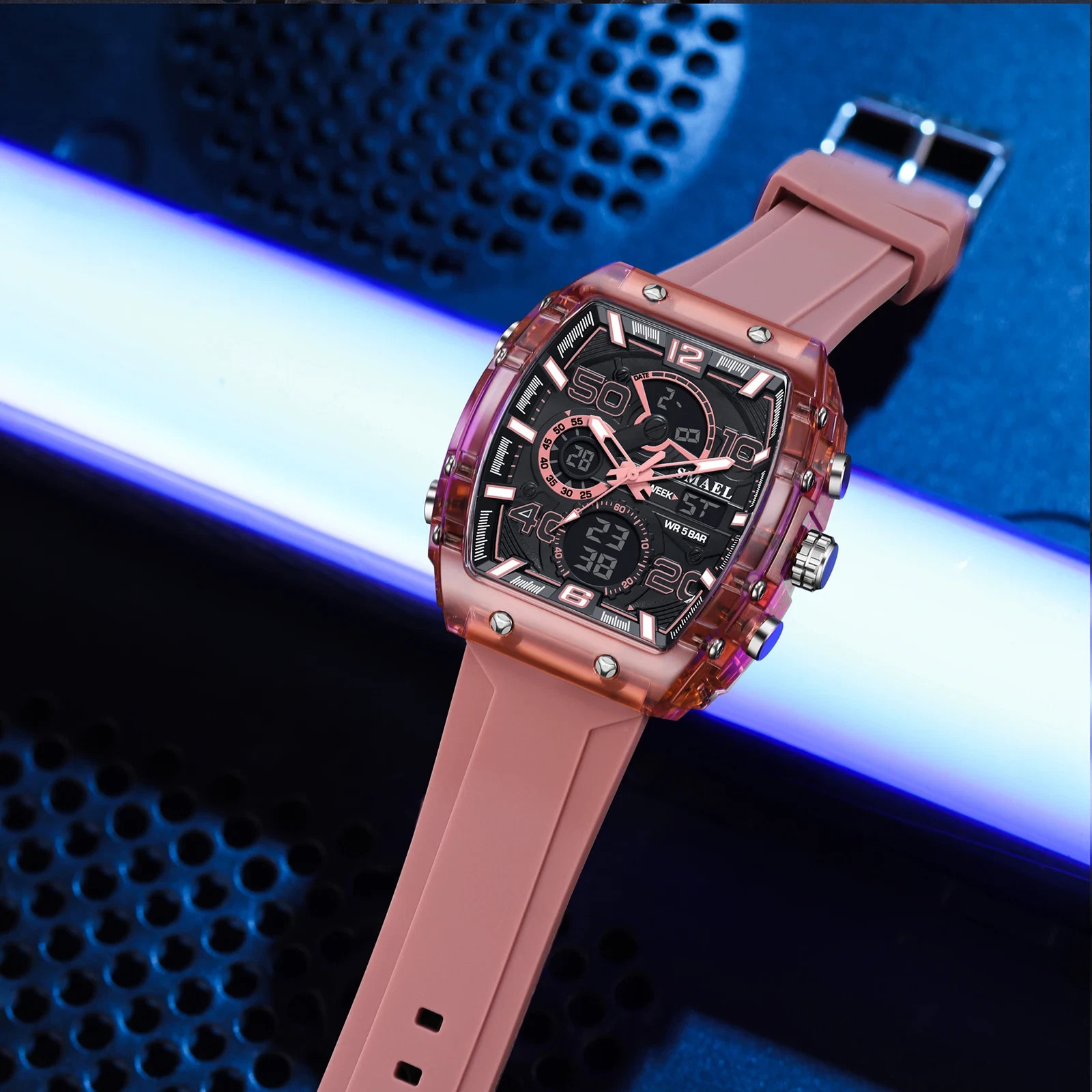 Fashion Men’s Electronic Watch Square Dual Display Waterproof Luminous Multi-Col