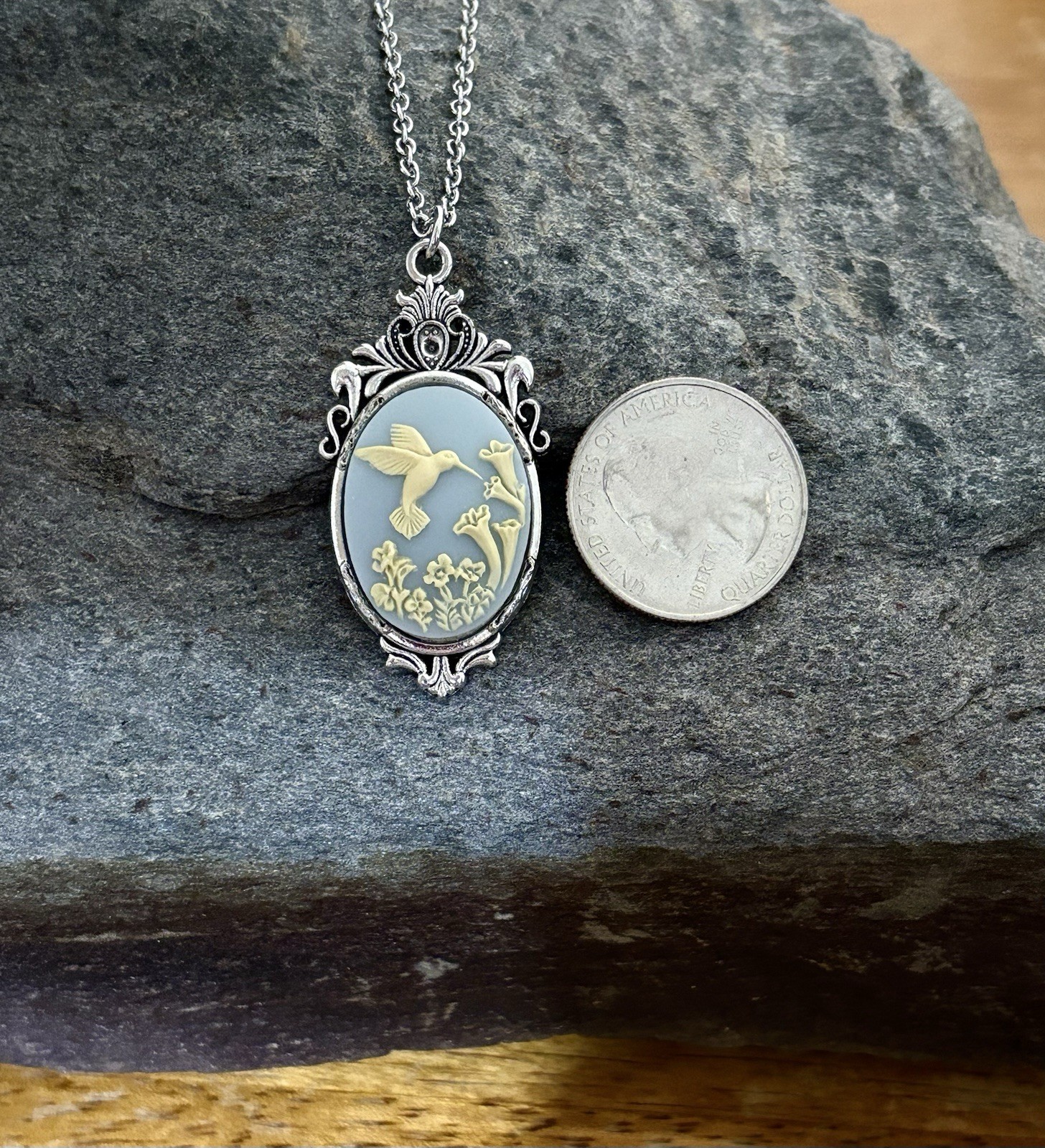 Hummingbird Necklace Pendant, Wedgwood Blue colored Cameo, Art Nouveau Style