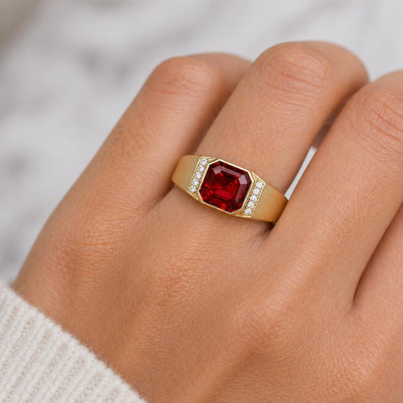 Solid 925 Sterling Silver Lab Created Ruby Ring Red Gemstone Statement Band Gift