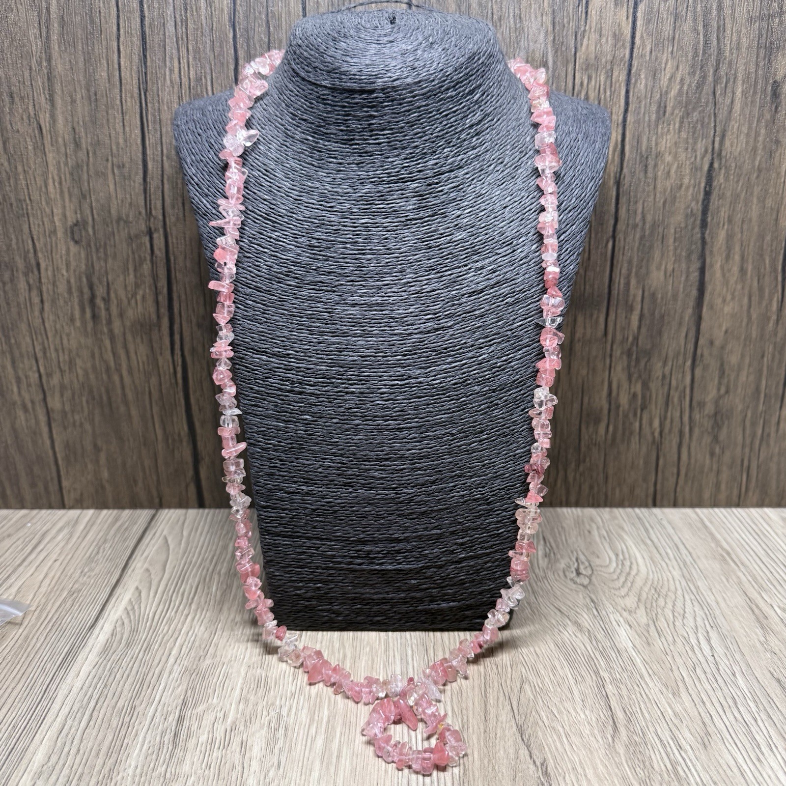 RETRO Cherry/Rose Quartz Beaded Necklace Pink Gemstone Kitsch Pretty 92cm Long