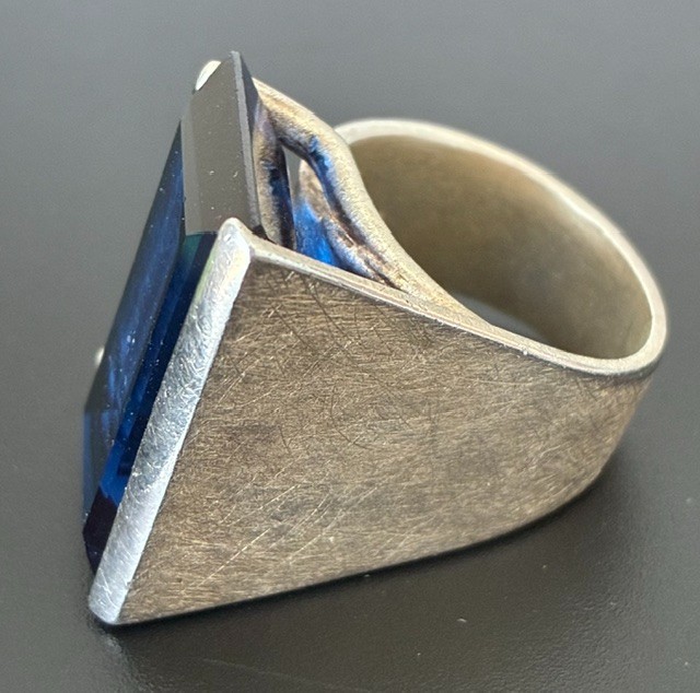 Cobalt Blue lab-created Spinel Ring 925 Silver Emerald Cut ~33.5 ctw Sz ~7.75