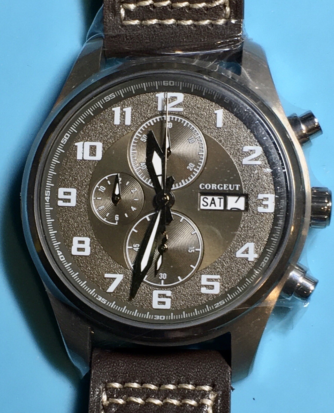 CORGEUT BRONZE DIAL CHRONO WATCH STAINLESS STEEL DAY DATE QUARTZ PILOT WATCH NEW