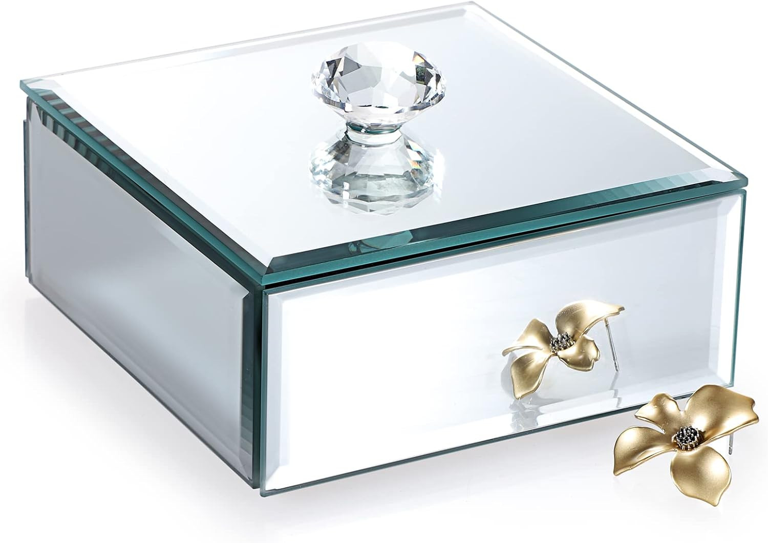 Silver Glass Mirrored Jewelry Box with Crystal Handle Square Trinket O…