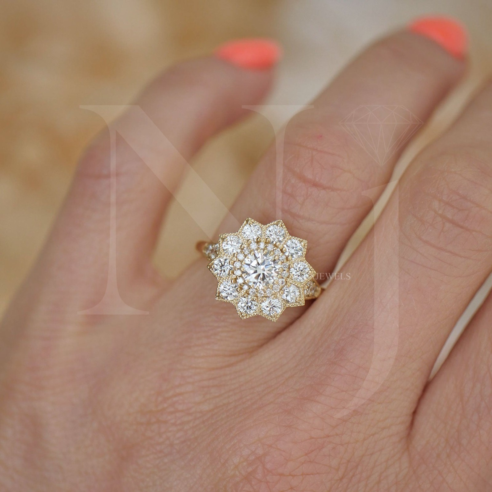 0.5CT Round Cut Halo Moissanite Engagement Ring 14K Yellow Gold Plated For Women