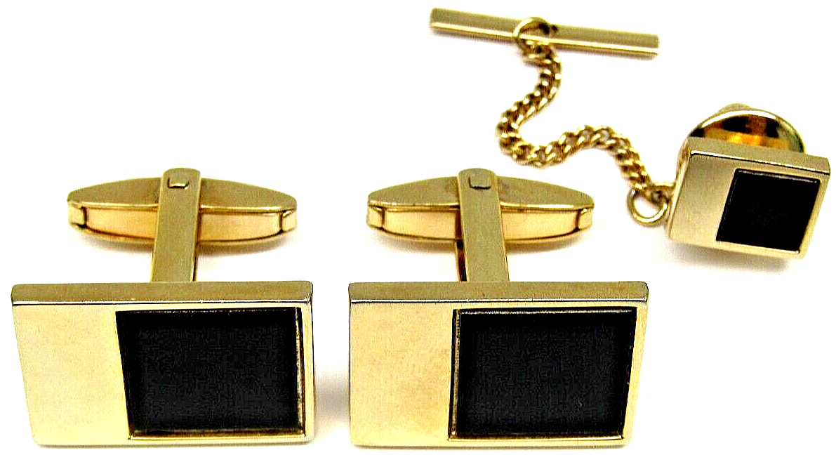 Vintage Foster Gold Tone Black Onyx Cufflinks Tie Pin Tack Set Wedding Tuxedo
