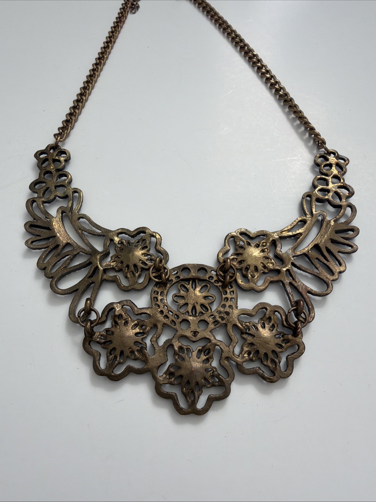 Vintage Style Bronze Filigree Floral Bib Necklace Statement Boho Cottagecore