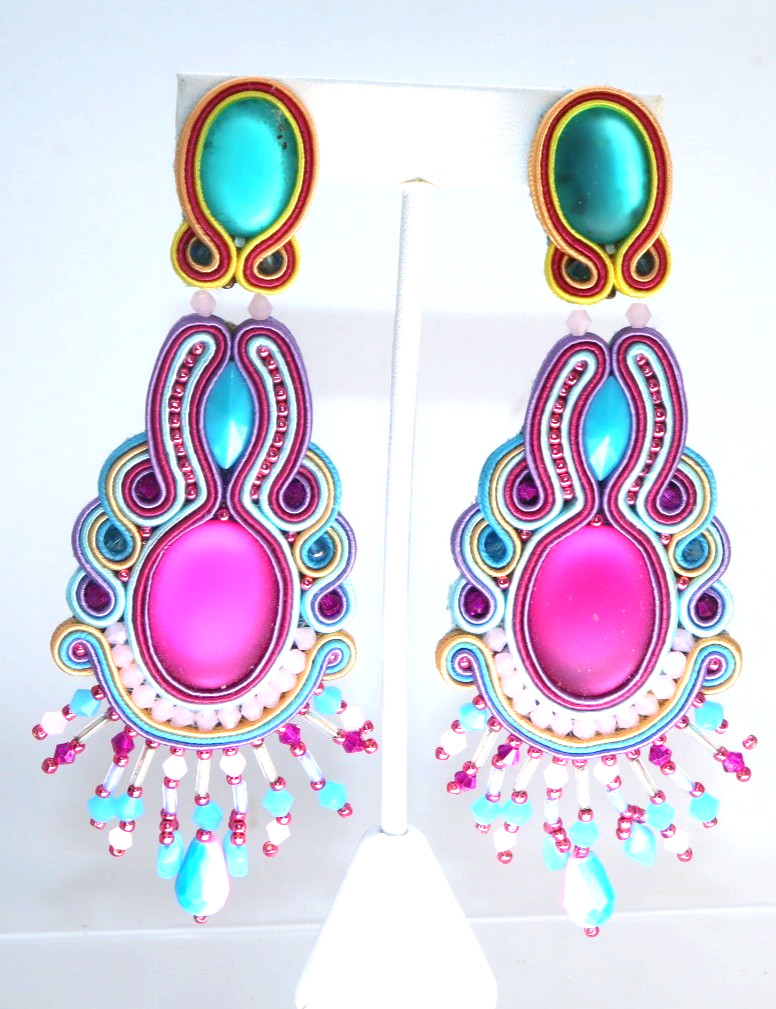 Handcrafted Soutache 5″ Clip Earrings Pink Blue Glass Stones Beads Signed