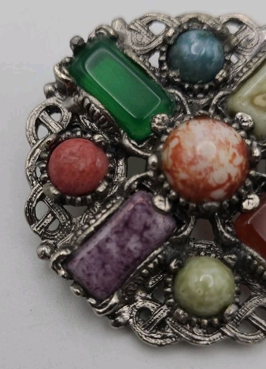 Silver Brooch Multiple Various Stones Vintage