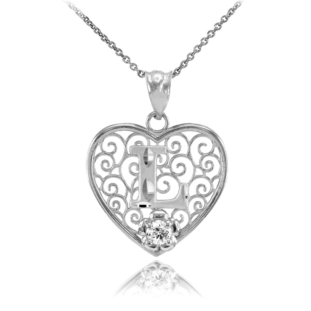 925 Sterling Silver Filigree Heart CZ Any / All Initial Letter Pendant Necklace