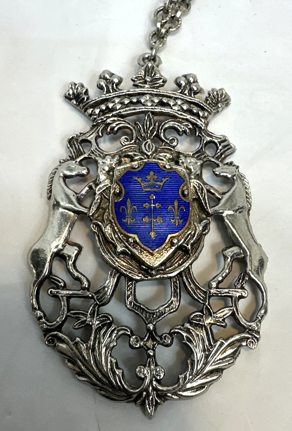 Vintage Heraldic Coat of Arms Pendant Necklace Blue Shield Lions Crown Gothic