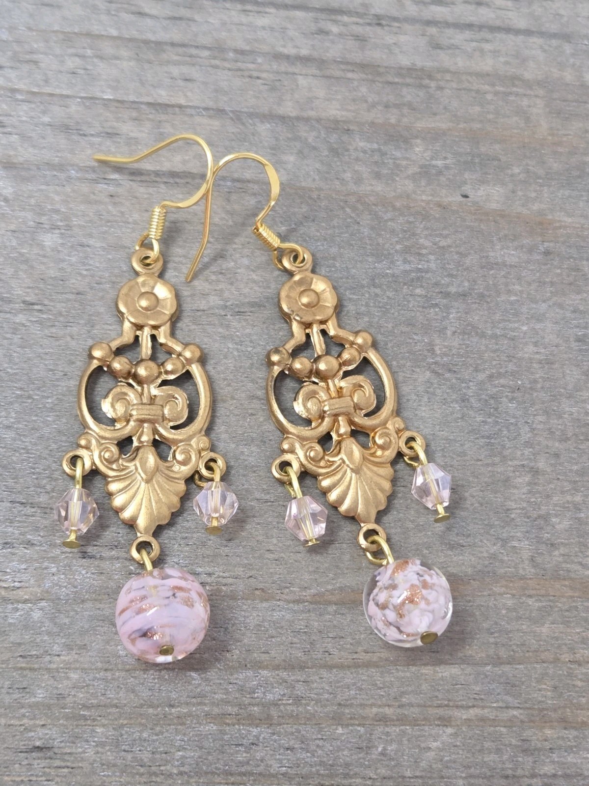 Light Pink Gold Murano Glass & Pink Crystal Dangle Drop Earrings Vintage 2 Inch