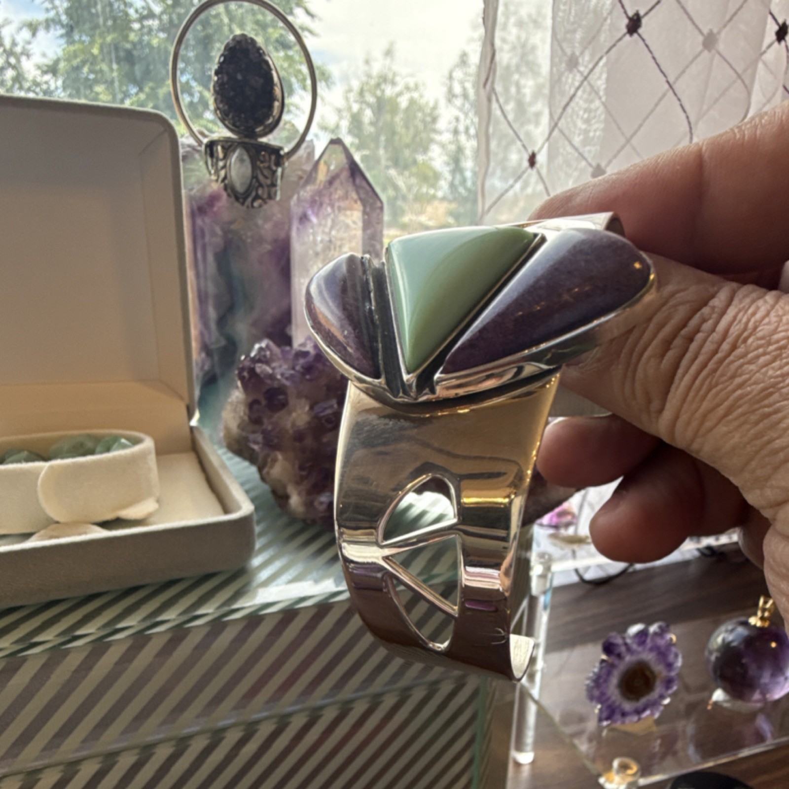 DR Sterling Silver .925 sugilite and sleeping beauty Stone Inlay Cuff Bracelet