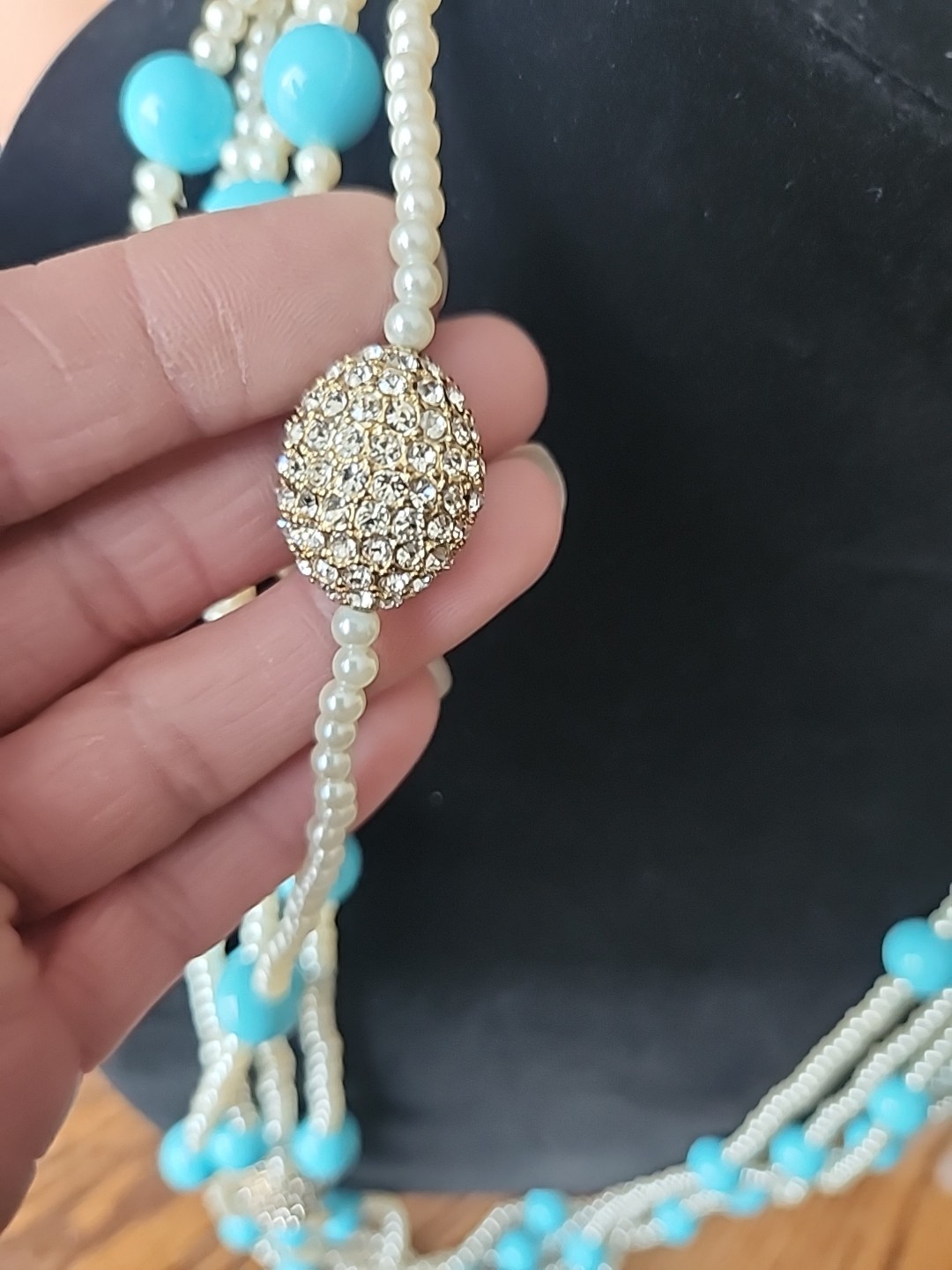 Lovely Joan Boyce Faux Turquoise & Pearl & Crystal Multi Strand 24″ Necklace NIB