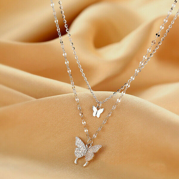 925 Silver Double Layer Butterfly Pendant Clavicle Chain Necklace Womens Jewelry