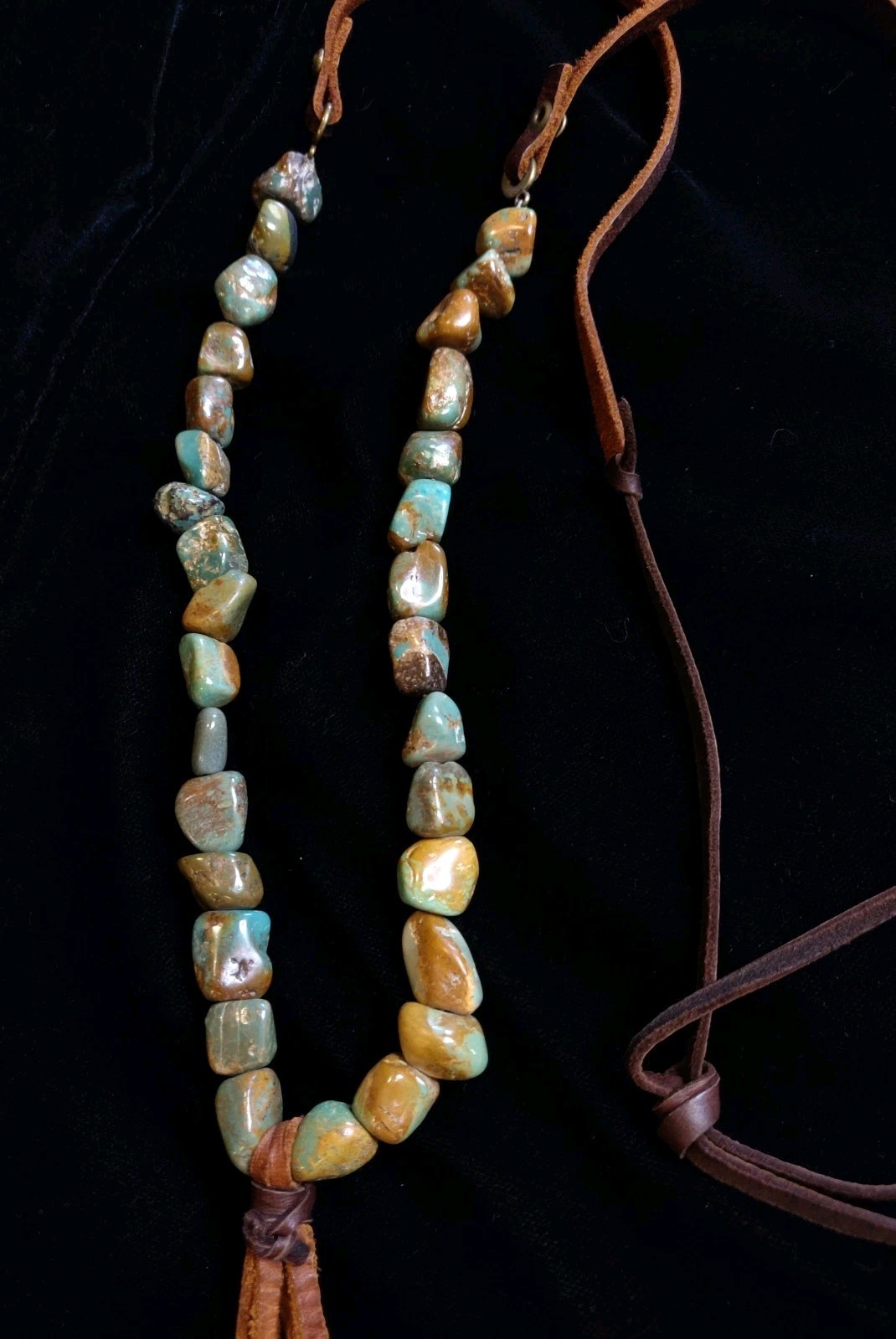 Stone Nugget Necklace Blue Green Brown Matrix Leather Tassel Rustic Boho Long
